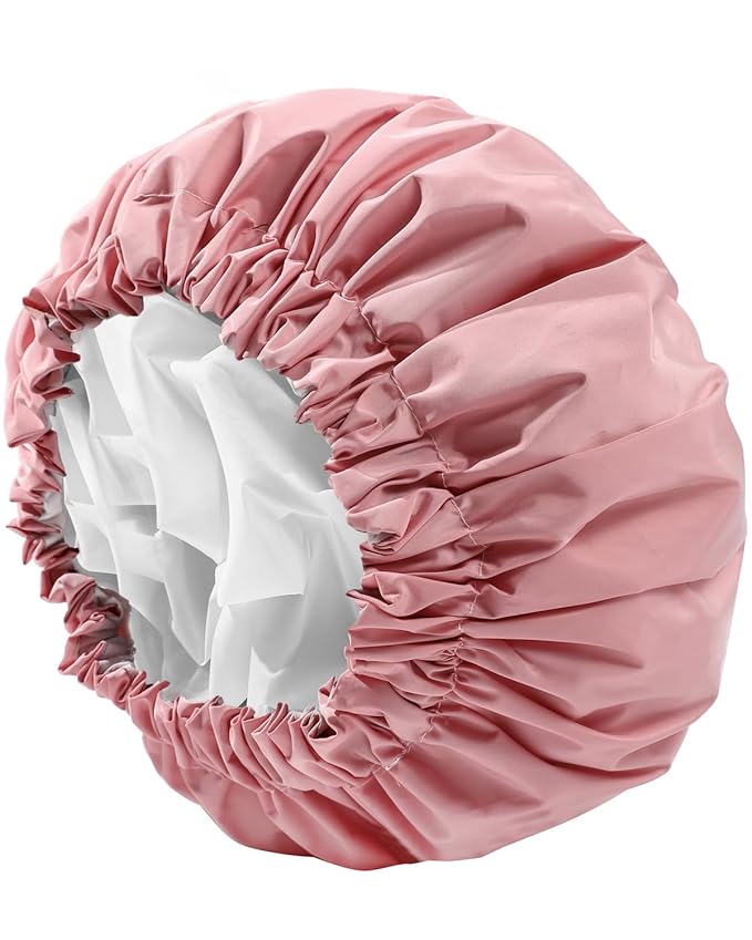 YIZIJIZI Shower Cap,Shower Caps for Women Reusable Waterproof,Two Layer Large Shower Caps Reusable Suitable for All Types of Straight Hair, Curly Hair, Long Hair,Braids (pink)