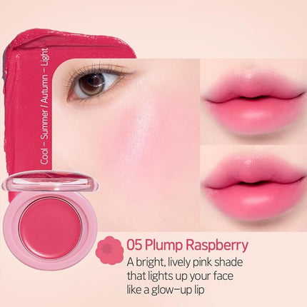 Etude Fruity Lip & Cheek Blur Balm – Sheer Tinted, Moisturizing Cream Balm with Puff, Hydrating Multi-Use Lip & Cheek Color #5 Plump Raspberry 2.3g