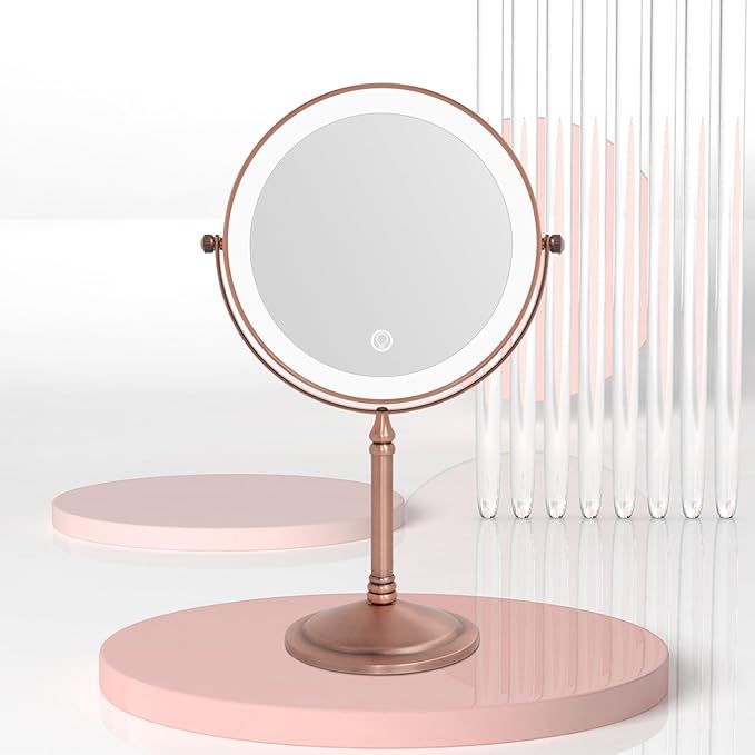 Nicesail Desk Mirror with Light 1X/10X Magnifying with 3 Color Dimmable Lights Desk Mirror, Cordless 360 Rotation 4000mAh Rechargeable, Double Sided Mirror for Desk, 8 Inch Standing Brushed Rose Gold