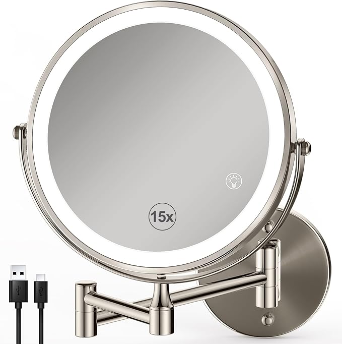 Magnifying Mirror with Lights 1x/15x: 8.5" Double Sided Wall Mounted Lighted Makeup Mirror for Bathroom, Brushed Nickel