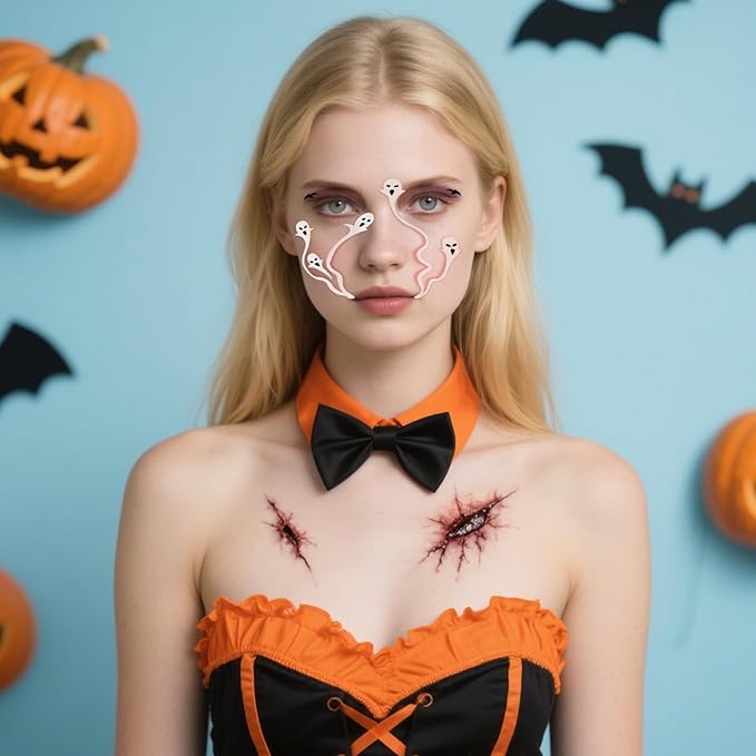 Halloween Face Tattoos, Cute Halloween Face Tattoo, Face temporary Tattoos Stickers, Funny Tattoos with Ghost & Bat,Face Makeup Tattoo Stickers for Halloween Cosplay Party DIY Decorations - 8Pcs