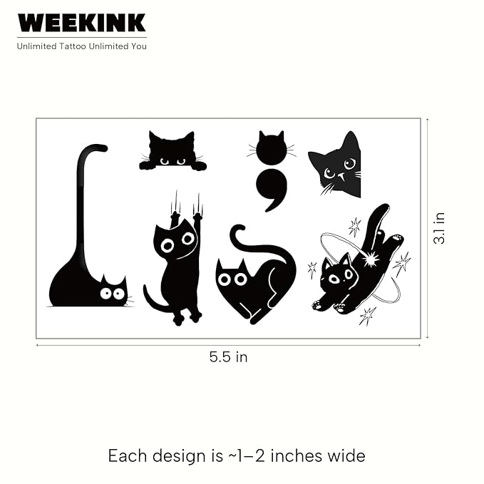 Black Cat Temporary Tattoos – 7 Unique Cat Designs, Playful & Cute Tattoos for Adults, Realistic & Long Lasting for 2 Weeks
