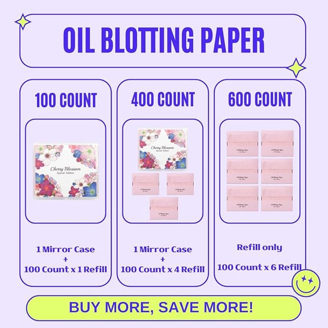[400 Counts + Mirror Case] Cherry Blossom Natural Oil Blotting Paper for Face with Mirror Compact and Refills