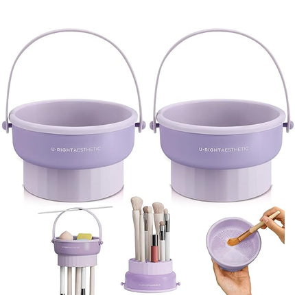 2 Pack Makeup Brush Cleaner Mat 3 in 1 Silicone Makeup Brush Cleaner Makeup Brush Cleaning Bowl Makeup Brush Sponge Scrubber Tool for Cleaning, Storage And Upside Down Drying(Two Purple)