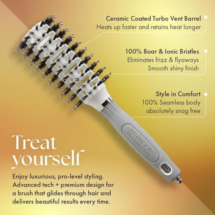 Olivia Garden Ceramic + Ion Turbo Vent Combo Hair Brush - Not Electrical - Ionic and 100% Boar Bristles - Professional Round Blowout Brush for Normal to Thick Hair
