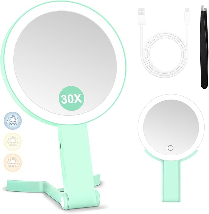 MIYADIVA Magnifying Mirror with Light, Double Sided 30X/1X Lighted Travel Makeup Mirror with Magnification, 3 Color Lighting, Dimmable Touch Screen, Adjustable & Foldable Hand Mirror (Green)