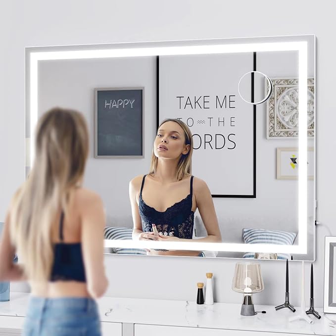 Makeup Vanity Mirror with USB Charging Port 28" x 22" Large LED Makeup Mirror, Desk Mirorr with Lights, Light up Mirror with 10X Magnification and, Dimmable 3 Modes, Touch Control White