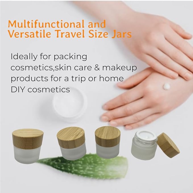 Empty Refillable Frosted Glass Cosmetic Jar 4 Pack Mini 10g/0.33oz with Bamboo Lids,Skin Care Travel Containers Pot Vial Holder Sample Storage for Eye Cream Lotion Ointments Lip Balm