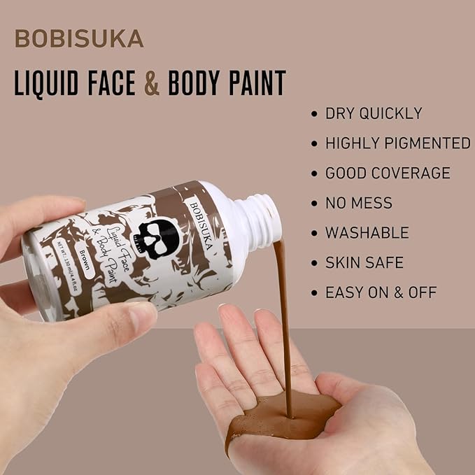 BOBISUKA Brown Face Body Paint Liquid Texture Washable Non Toxic Facepaint Fast Drying Foundation Makeup for Halloween Camo Hulk Hunting Cosplay SFX Costume Party Large Capacity(130ml)