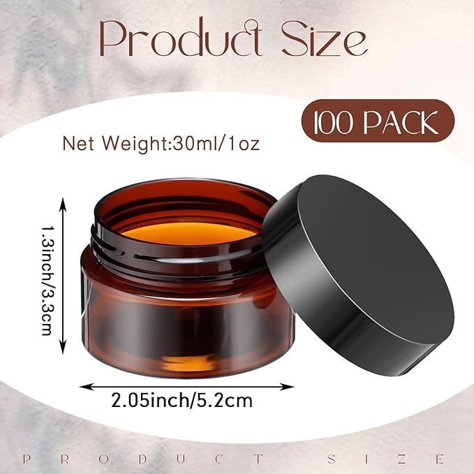 SATINIOR 100 Pcs Plastic Jars with Lids Small Containers Lids Wide Mouth Small Plastic Containers for Lotion Cream Rhinestones Body Butters Travel Storage(1 oz,Amber)