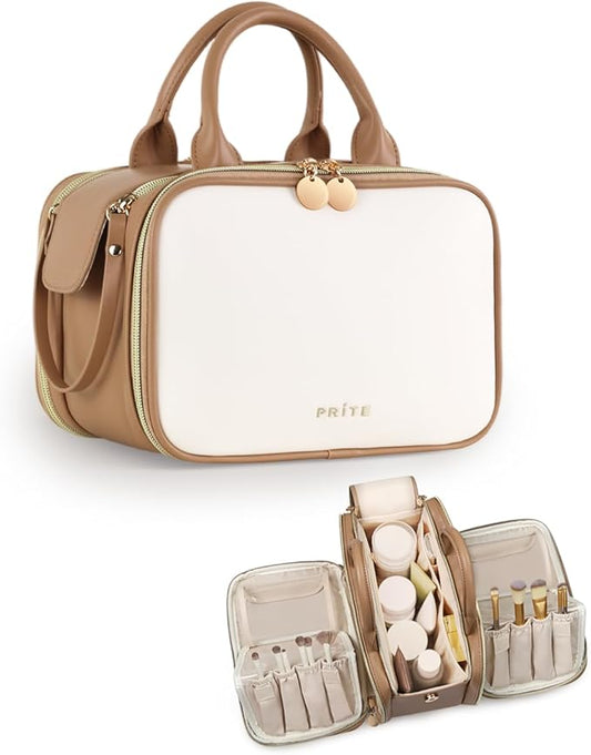 Prite Makeup Bag for Women, Large Capacity Waterproof Travel Cosmetic Organizer, Portable Open Flat Toiletry Bag with Free-standing Brush Holder and Handle(Beige Brown Large)