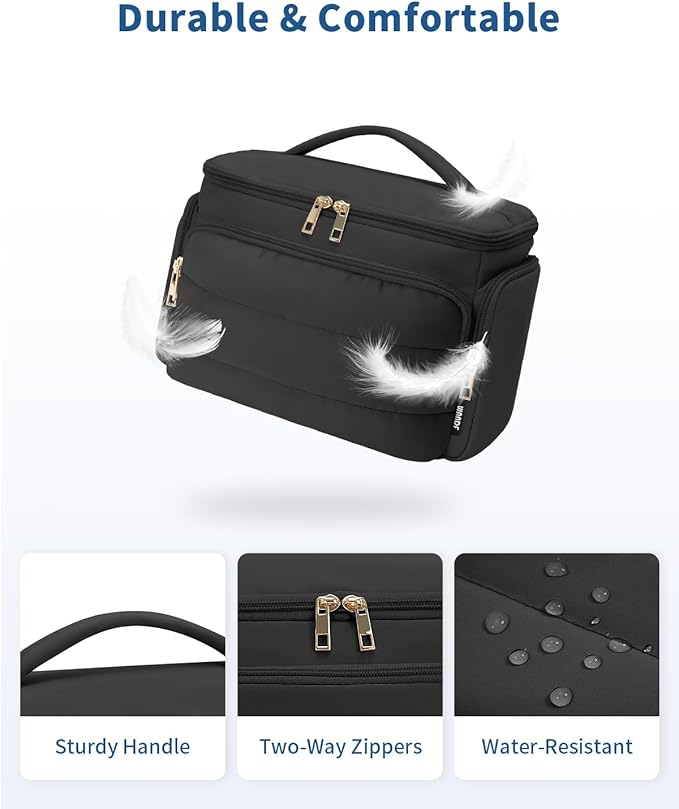 WANDF Travel Toiletry Bag for Women, Wide-open Large Makeup Bag with Handle, Puffy Makeup Organizer for Toiletries, Cosmetics, Accessories, Essentials (Black)