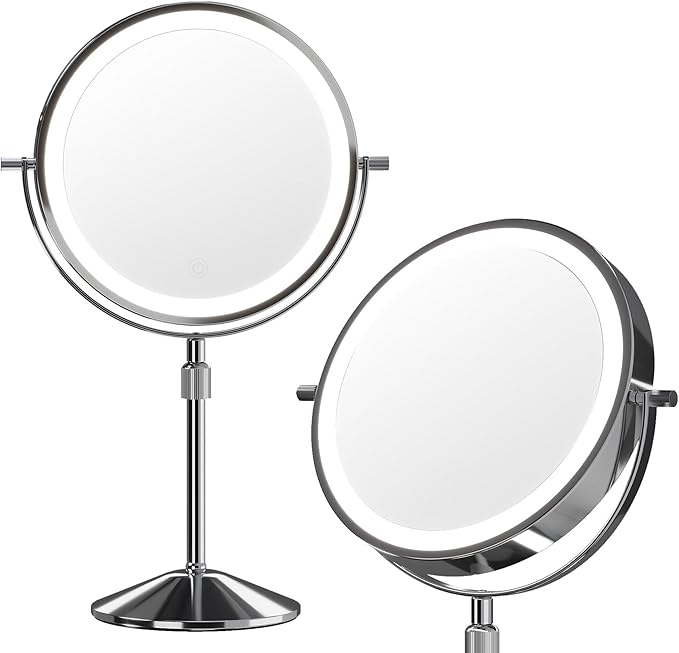 Garvee Lighted Makeup Mirror, Rechargeable Height Adjustable Double Sided Vanity Mirror, 1x/10x True HD Magnifying, Brightness Adjustable, Three Colors, 360° Rotation Vanity, Gift for Women, Chrome