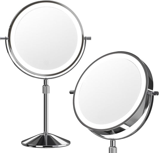 Garvee Lighted Makeup Mirror, Rechargeable Height Adjustable Double Sided Vanity Mirror, 1x/10x True HD Magnifying, Brightness Adjustable, Three Colors, 360° Rotation Vanity, Gift for Women, Chrome