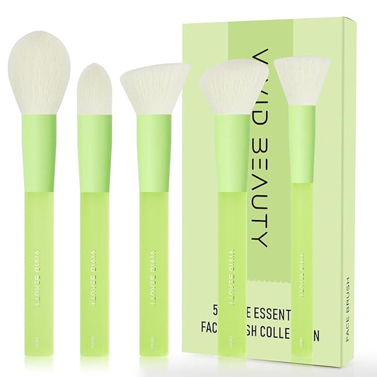 5pcs Green Face Makeup Brushes – Soft Synthetic Bristle Powder, Bronzer, Blush Brush Set – Comfortable Non-Slip Rubber Handles – Cruelty-Free Make up Tools – Perfect for Blending, Contouring & More