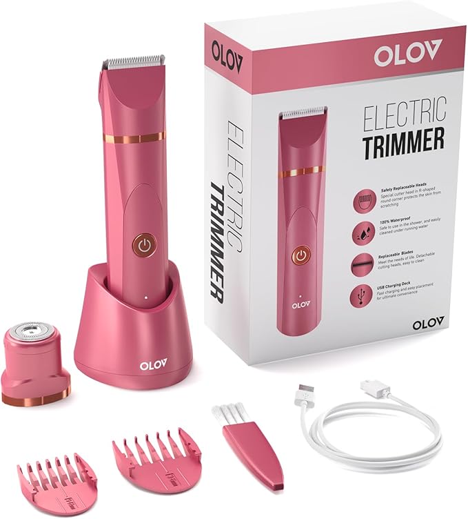 OLOV Electric Body Hair Trimmer - Groin Trimmer for Men - Bikini Trimmer Women - Wet/Dry Shaver Groomer, Replaceable Ceramic Blade Heads, USB Recharge Dock, Waterproof Hygiene Razor, Red