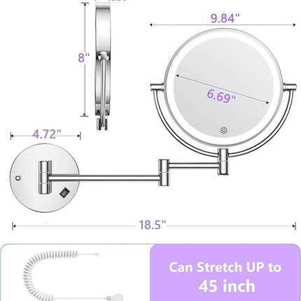 Wall Mounted Makeup Mirror with Lights, 30X/1X Double-Sided Magnifying, Plug-in Lighted Vanity Mirror with 3 Color Modes, Dimmable Brightness, 360° Swivel Extendable Arm for Bathroom & Grooming