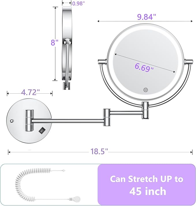 Wall Mounted Makeup Mirror with Lights, 30X/1X Double-Sided Magnifying, Plug-in Lighted Vanity Mirror with 3 Color Modes, Dimmable Brightness, 360° Swivel Extendable Arm for Bathroom & Grooming