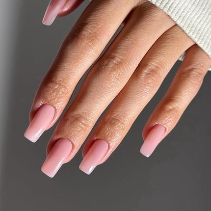 Rose Pink Press on Nails Long Square, KXAMELIE Medium Coffin Nails Press ons Long Glue on Natural Thick Fake Nails Acrylic Reusable 24 Solid Color False Nails for Women