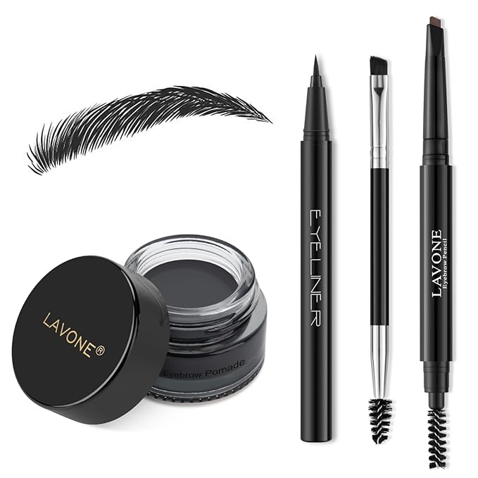 LAVONE Eyebrow Stamp Pencil Kit for Eyebrows, Makeup Brow Stamp Trio Kit with Waterproof Eyebrow Pencil, Eyeliner, Eyebrow Pomade, and Dual-ended Eyebrow Brush - Ash Black
