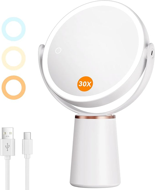 Makeup Mirror with Lights, Double Sided 30X/1X Magnifying Mirror, 3 Color Stepless Dimmable Mirrors with Touch Screen, 2000 mAh Rechargeable 360° Free Standing Vanity Mirrors for Women