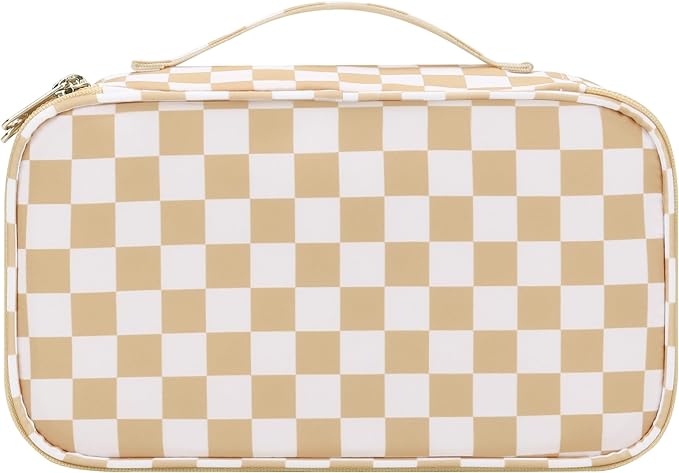 Relavel Travel Makeup Bag with Brush Holder, Dual-Layer Small Cosmetic Organizer, Portable Toiletry Bag for Accessories Storage, Cute Make Up Bag for Gift, Trip, Camp, Daily Use - Plaid