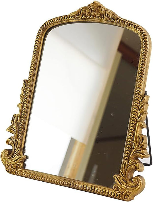 Small Vintage Vanity Makeup Desk Mirror Antique Traditional Chic Arch Table Mirror Gold，Decor Wood Framed Small Standing Carved Arendahl Mirror for Living Room,Bedroom,Tabletop 11.8" x 9.6"