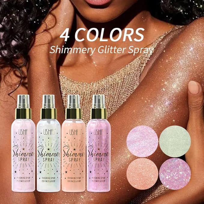 USHAS Body Glitter Spray 3.72 fl.oz - Temporary Body Shimmer Spray for Face, Hair, Clothing, Long Lasting Quick-Drying Shiny for Music Festival Rave (04)