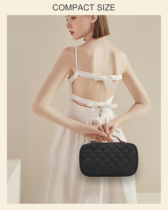 Relavel Makeup Bag, Small Makeup Bag for Women, Travel Cosmetic Bag, 2 Layers Waterproof Makeup Organizer Storage with Makeup Brush Holder, Black