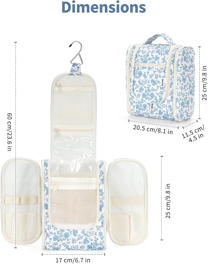 Narwey Hanging Toiletry Bag Women Travel Makeup Bag Organizer Toiletries Bag for Travel Size Essentials Accessories Cosmetics (Medium,Little Blue Flower)