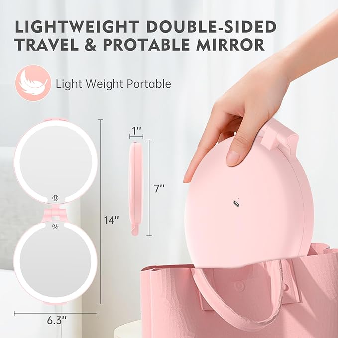 FUNTOUCH Travel Mirror with Light, 10X 1X Double Sided Magnification Makeup Vanity Mirror Rechargeable Lighted Mirror with 3 Color Setting Adjustable Rotation LED Vanity Desk Mirror,Pink