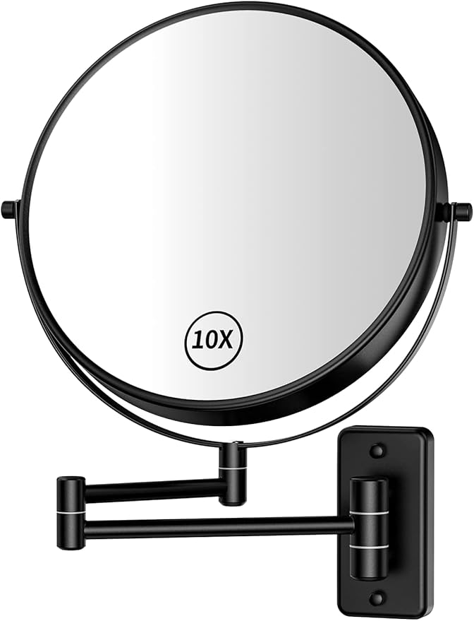 8” Makeup Mirror Wall Mounted, 1X/10X Double-Sided Wall Mount Magnifying Bathroom Mirror with Extendable Arm, 360° Swivel Vanity Shaving Mirror for Bathroom and Makeup, Black (No Light