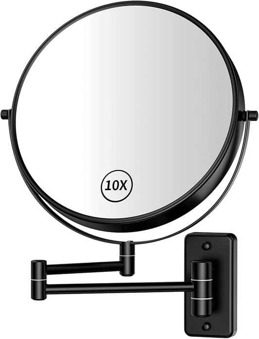 8” Makeup Mirror Wall Mounted, 1X/10X Double-Sided Wall Mount Magnifying Bathroom Mirror with Extendable Arm, 360° Swivel Vanity Shaving Mirror for Bathroom and Makeup, Black (No Light