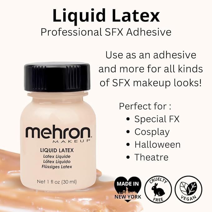 Mehron Makeup Liquid Latex | SFX Makeup | Halloween | Latex Glue for Skin | Special FX Prosthetic Glue 1 fl oz (30 ml) (Light Flesh)