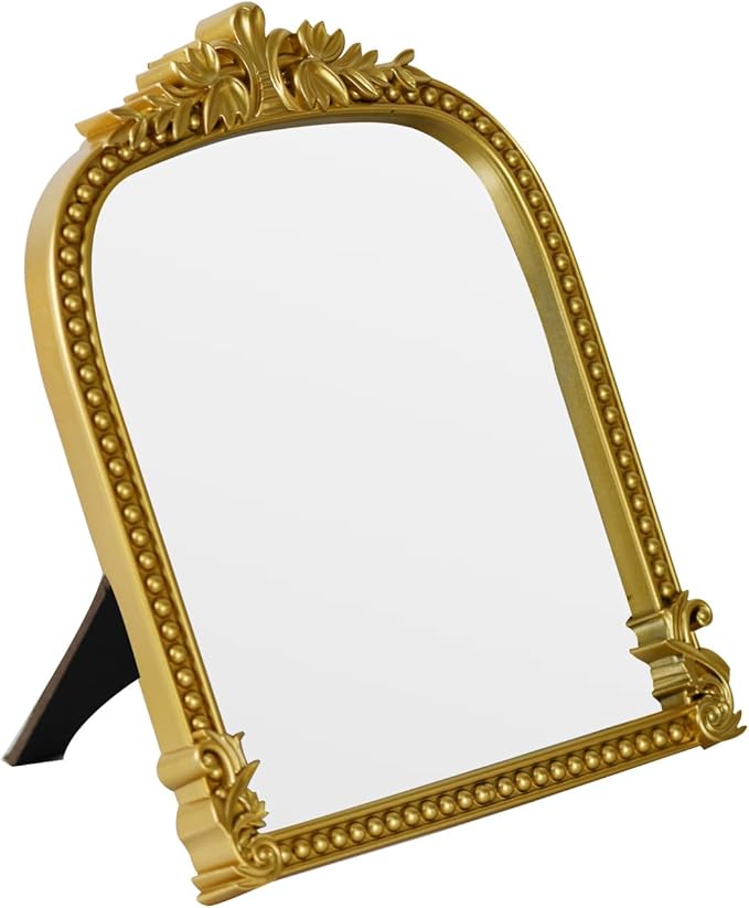 Gold Plastic Arched Makeup Mirror, Standing, Hanging or Wall Mount, Bathroom, Living Room, Bedroom Gold Decorative Mirror (10.6 * 8.6 inch)