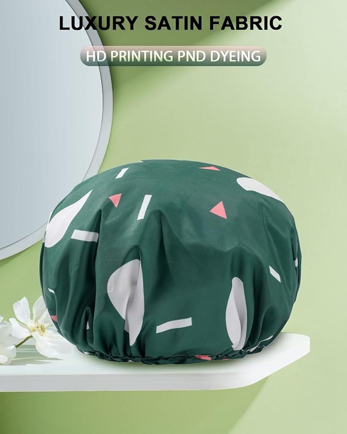 YIZIJIZI Shower Cap,Shower Caps for Women Reusable Waterproof,Two Layer Large Shower Caps Reusable Suitable for All Types of Straight Hair, Curly Hair, Long Hair,Braids (green)