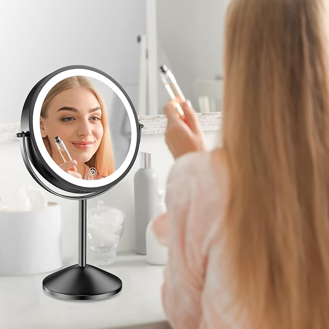 Benbilry 8 Inch Lighted Makeup Vanity Mirror with 3 Color Dimmable Lights, 1X/10X Magnifying Rechargeable Double Sided Light Up Cosmetic Mirror, 360° Swivel Cordless Standing, Black