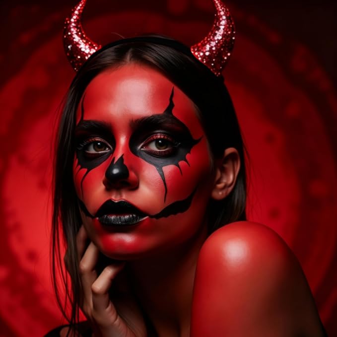 Halloween Makeup Kit for Demon, Water-Based Non-Toxic Face Paint Set with Red Face Body Paint, Red Horn Headband, for Halloween Devil Cosplay SFX Makeup, Theme Parties, Theatre