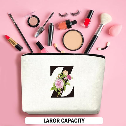 Personalized Makeup Bag, Initial Letter Z Makeup Bag for Women Rose Monogram Cosmetic Bags Toiletry Pouch, Monogrammed Gifts for Women Mom Grandma Sister Friends Thanksgiving Christmas Birthday Gift