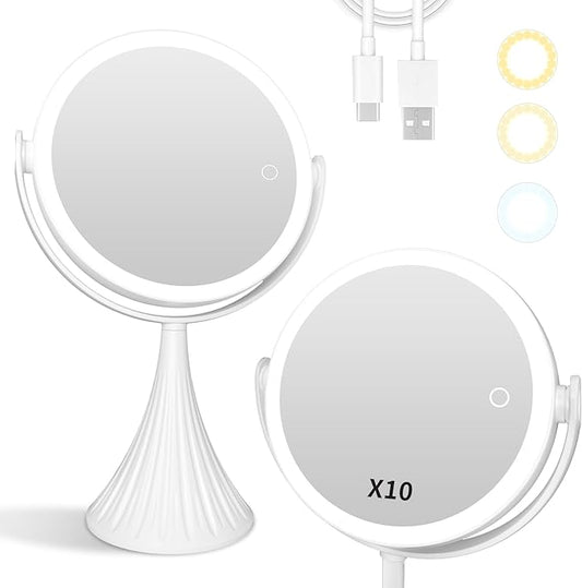 Makeup Mirror with Lights, 1X/10X LED Magnifying Vanity Mirror, HD Lighted Mirror for Desk, 3 Color Lights Adjustable Brightness, 360° Rotation 2-Sided 7.6" Dorm Room Mirror, Women Birthday Gifts