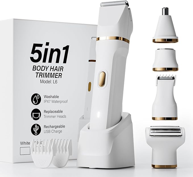 Electric Razors for Women, 5-in-1 Wet/Dry Bikini Trimmer with USB Charge Dock, Deluxe Facial Hair Removal, Wet/Dry Body Shaver for Nose Eyebrows Beard Underarm Leg Arm, IPX7 Waterproof (White)