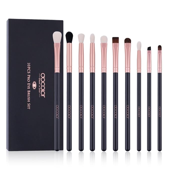 Docolor Eyeshadow Brushes Professional Eye Makeup Brushes Set Eyeshadow Eyeliner Concealer Eyebrow Blending Brushes Eye Make Up Brush Kit with Gift Box (10 Pcs,Black with Rose Gold,Wooden Handles)