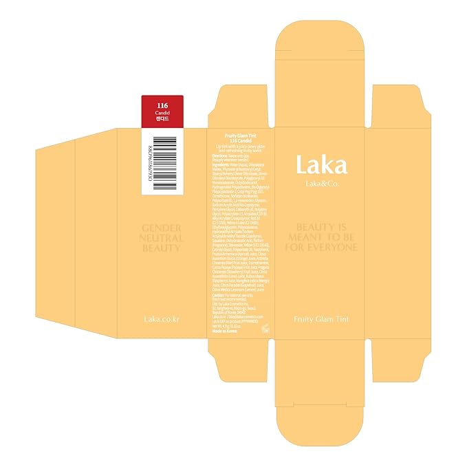 Laka Fruity Glam Tint, 4.5g/0.15 oz., Glowing Lip Stain with Wide Color Spectrum, Hydrating & Lightweight Texture, Long-Lasting Bold Stain, Non-Sticky, Vegan, K-Beauty (#116 Candid)