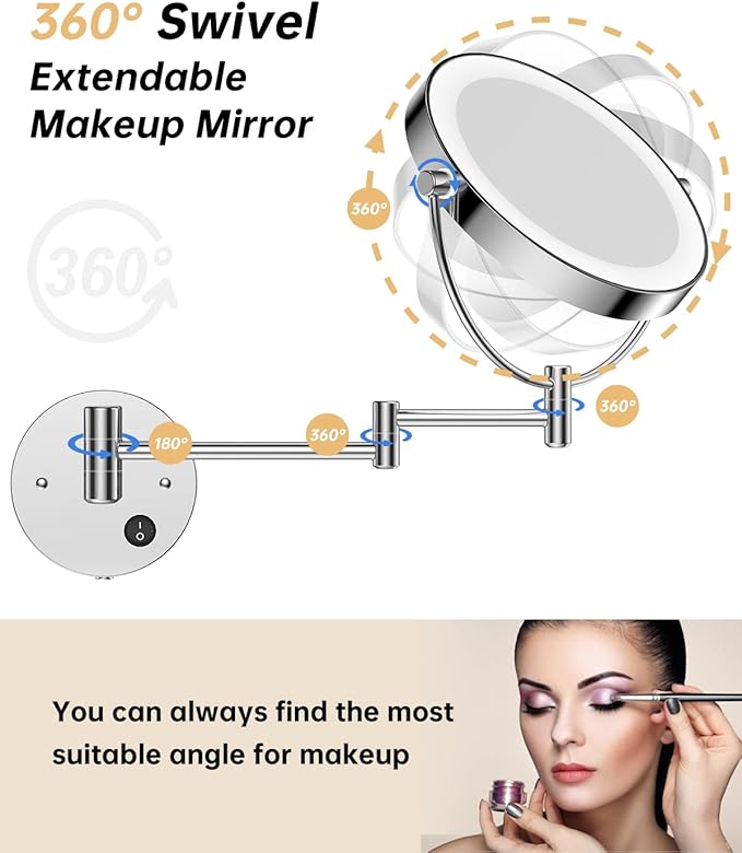 Gospire 8.5" Wall Mounted Lighted Magnifying Mirror, 1X/10X Double-Sided Magnification Round LED Cosmetic Vanity Bathroom Mirror Extendable Arm 360° Swivel for Shaving Makeup