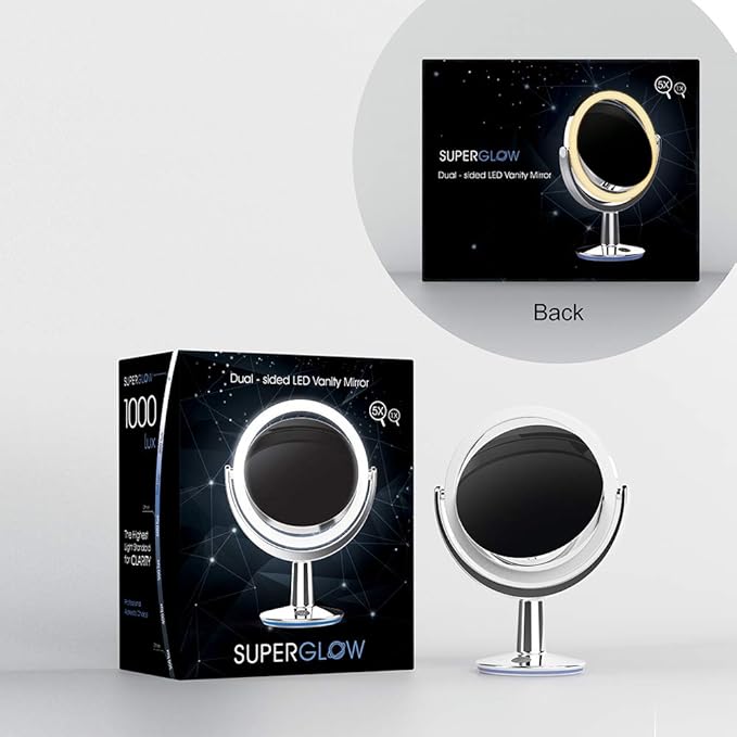 SuperGlow 9" Round Shaped Dual-sided Lighted Makeup Mirror, 1X/5X Magnifying Vanity Mirror, Brightness 1000Lux, 360 Degree Rotating Adjustable Brightness Mirror, Brushed Nickel Finish