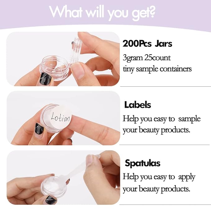 Clear Sample Jars with Lids, 200 Count - Mini Cosmetic Containers for Makeup Travel, Includes Disposable Spatulas