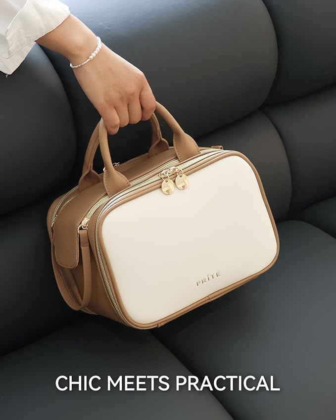 Prite Makeup Bag for Women, Large Capacity Waterproof Travel Cosmetic Organizer, Portable Open Flat Toiletry Bag with Free-standing Brush Holder and Handle(Beige Brown Medium)