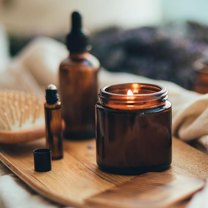 KOIBITO 2 Oz Amber Round Glass Jars with Black Lid, Empty Glass Containers with Inner Liners, Refillable Cosmetic Vials for Cream, Lotion, Ointment (12 PCS)