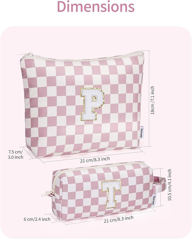 Narwey 2 PCS Valentines Day Gifts for Her Girlfriend Women Personalized Initial Makeup Bag, Teen Girls Gifts Trendy Stuff 10 11 12 14 13 15 16 Years Old, Travel Toiletry Bags Cosmetic Bag (P)