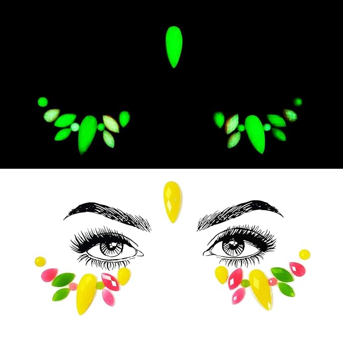 6 Pcs Halloween Noctilucent Glow Face Gems, Night Glow Face Jewels for Party and Festival, Fluorescence Rhinestone Face Stickers